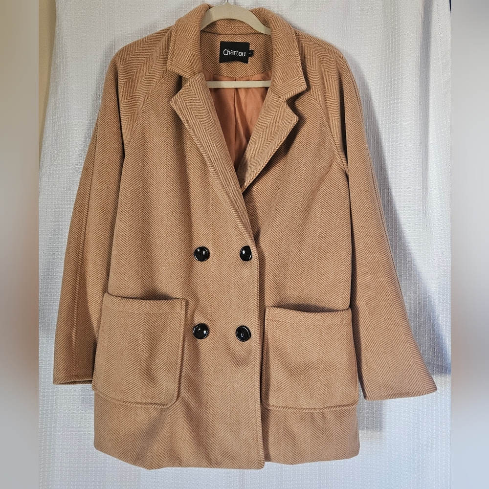 Chartou Women's Classic Double Breasted Camel Colored Coat Sz Large